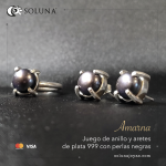 "Amarna" Juego de anillo y aretes de plata 999 con perlas negras